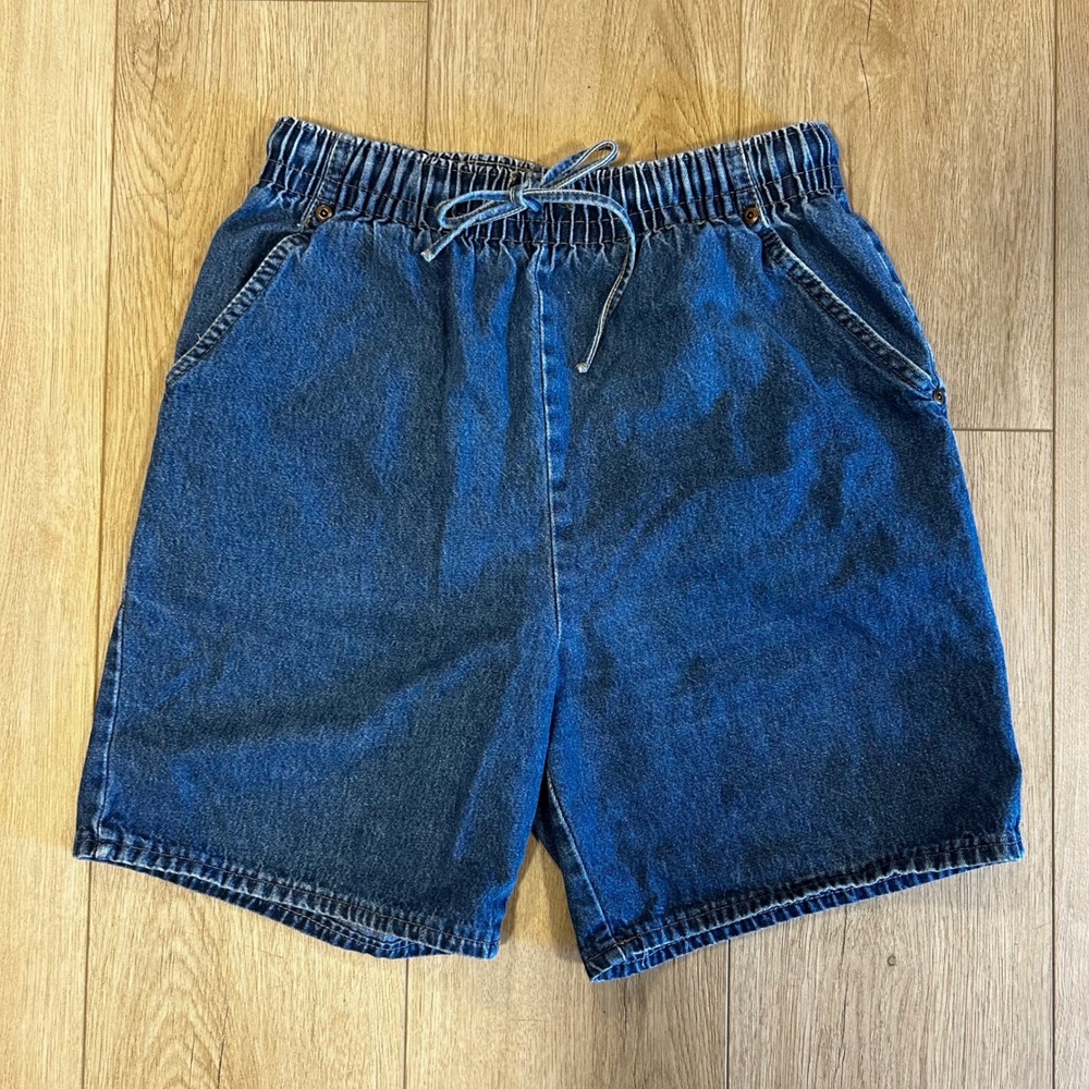 Vintage High Waisted Elastic Waist Denim Shorts Medium Wash Blue Cotton S M